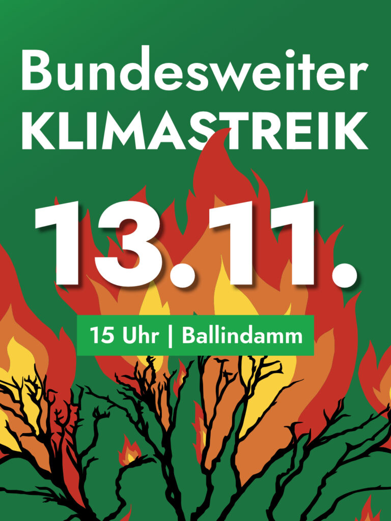 Auf grünem Hintergrund ein gemalter blattloser brennender Baum mit nach oben züngelnden rot-orange-gelben Flammen, oben groß in weißer Schrift "Bundesweiter KLIMASTREIK", ein kleiner Teil des Textes wird durch Flammen verdeckt, darunter im Vordergrund über dem Flammen ganz groß "13.11." mit Textschatten, darunter kleiner auf grünem Hintergrundbalken "15 Uhr | Ballindamm"